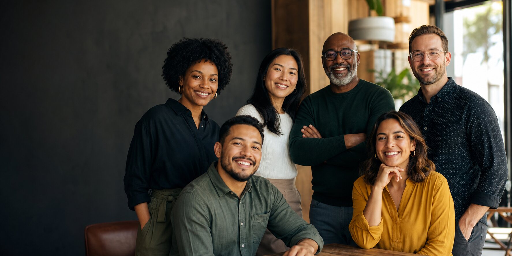 A multicultural group of happy adults representing the people DueSmart is built to serve.